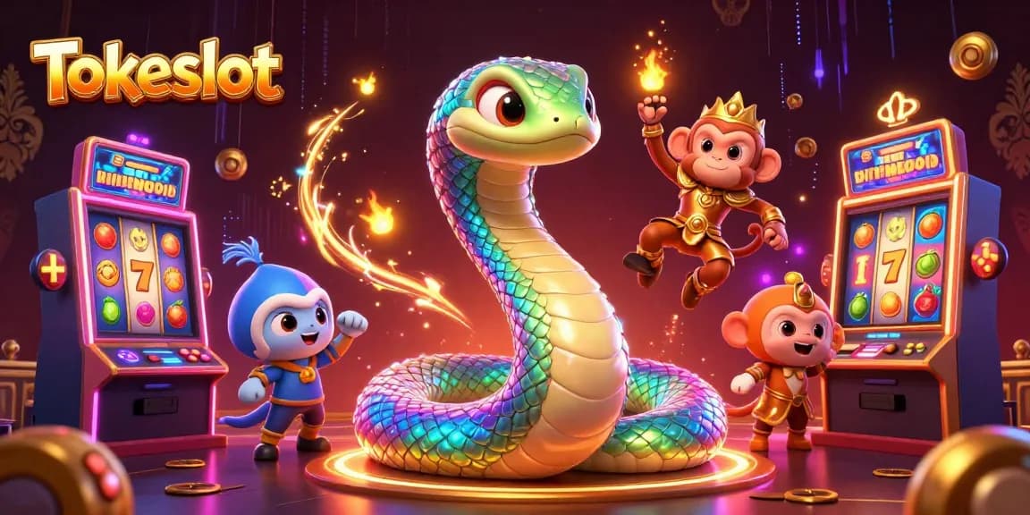 Tokeslot offers exciting gameplay showcased by vibrant slot games and a magical scene with a rainbow serpent.