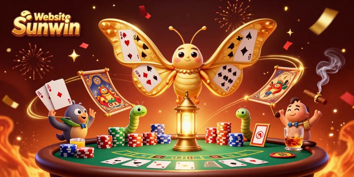 Engage with Website Sunwin's thrilling poker scene featuring a vibrant 3D illustration of a golden atlas moth.