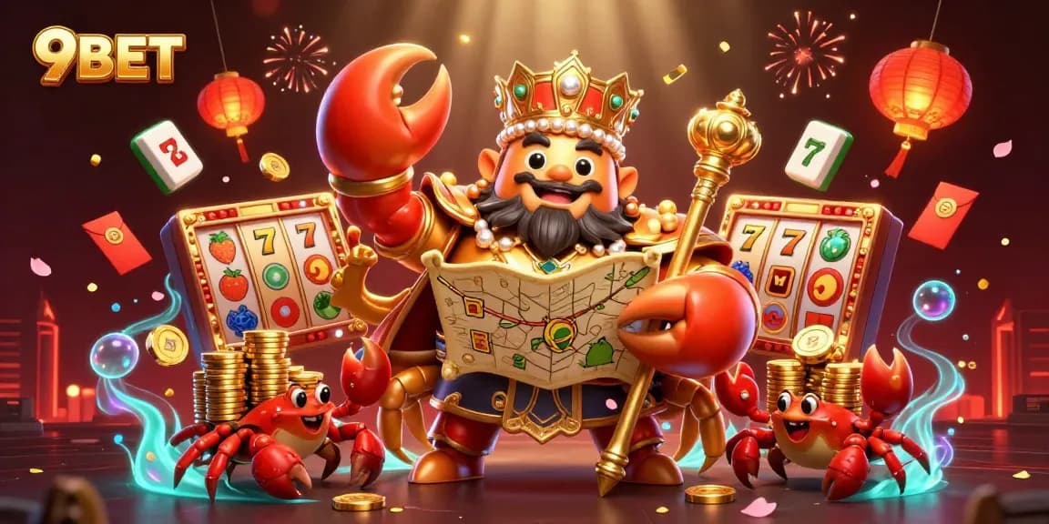 Engage with 9BET's vibrant casino scene featuring a golden crab emperor and animated fortune symbols.