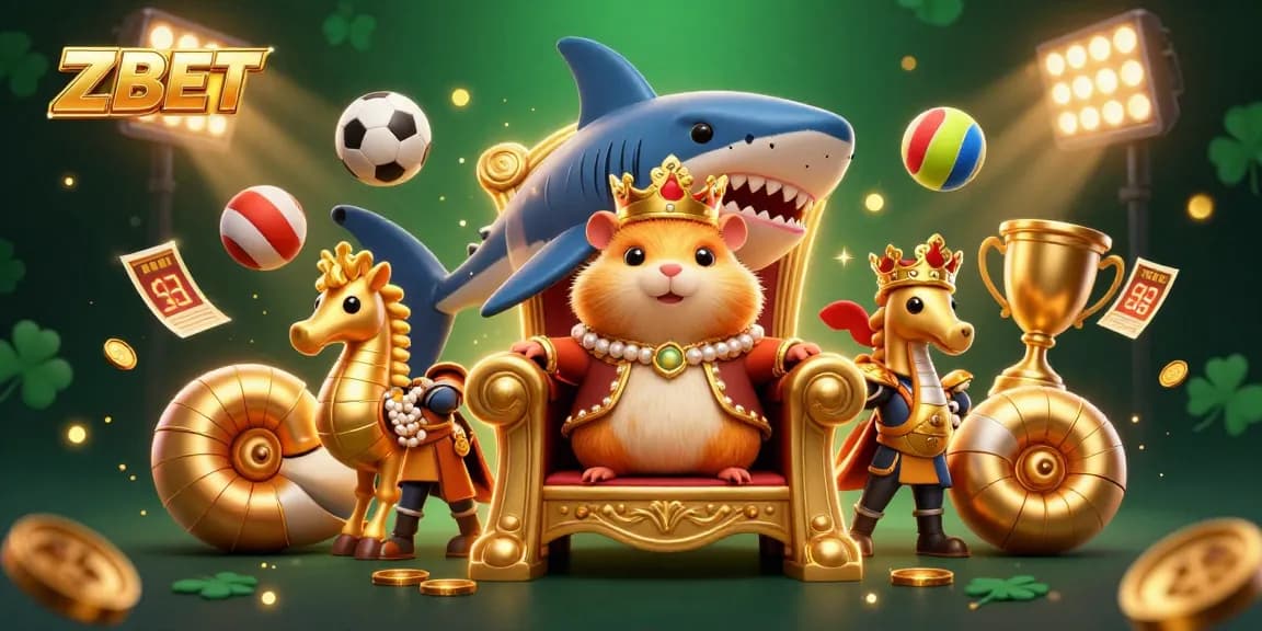 ZBET sports betting scene with a hamster king, seahorse guards, and dynamic sports elements