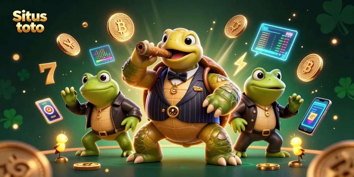 Engage in winning strategies at Situs toto with a vibrant scene of a cartoon turtle in a casino atmosphere.
