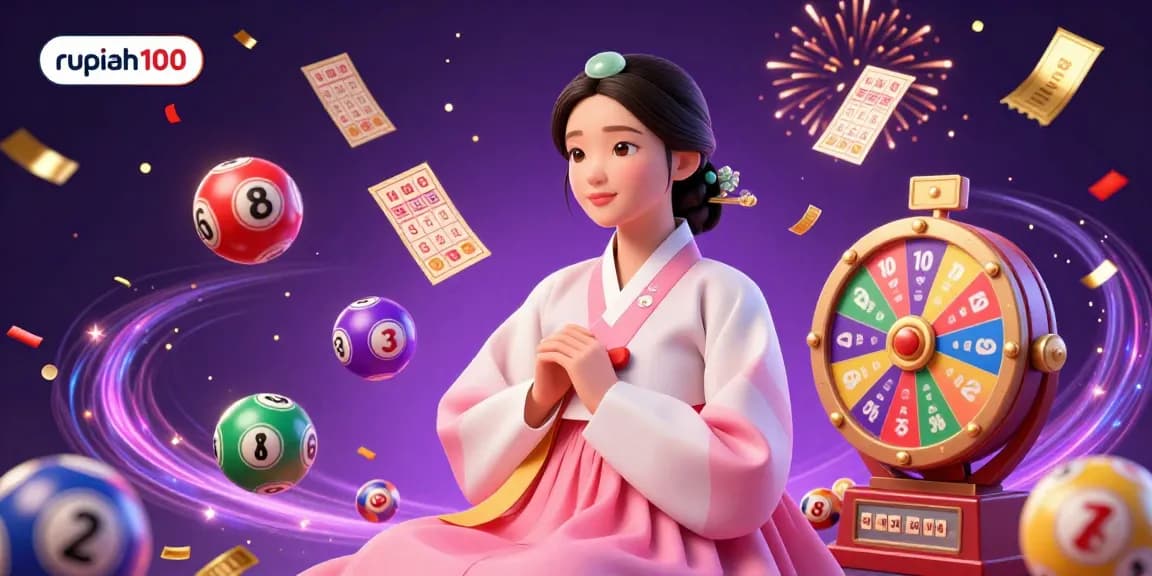 Experience fun at rupiah100 with vibrant lottery elements and an elegant Asian woman in traditional garb.