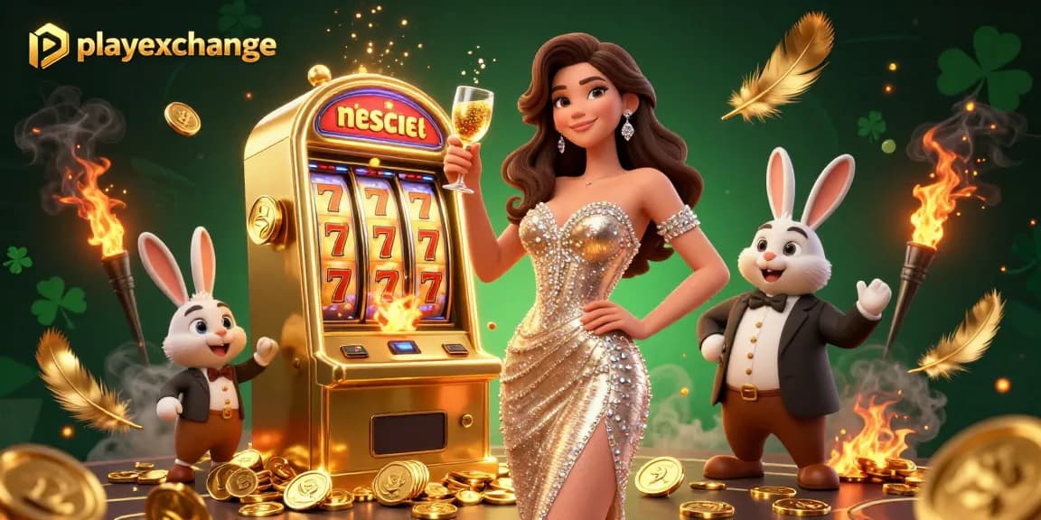 Experience thrilling wins at Playexchange with a glamorous woman celebrating beside a jackpot slot machine.