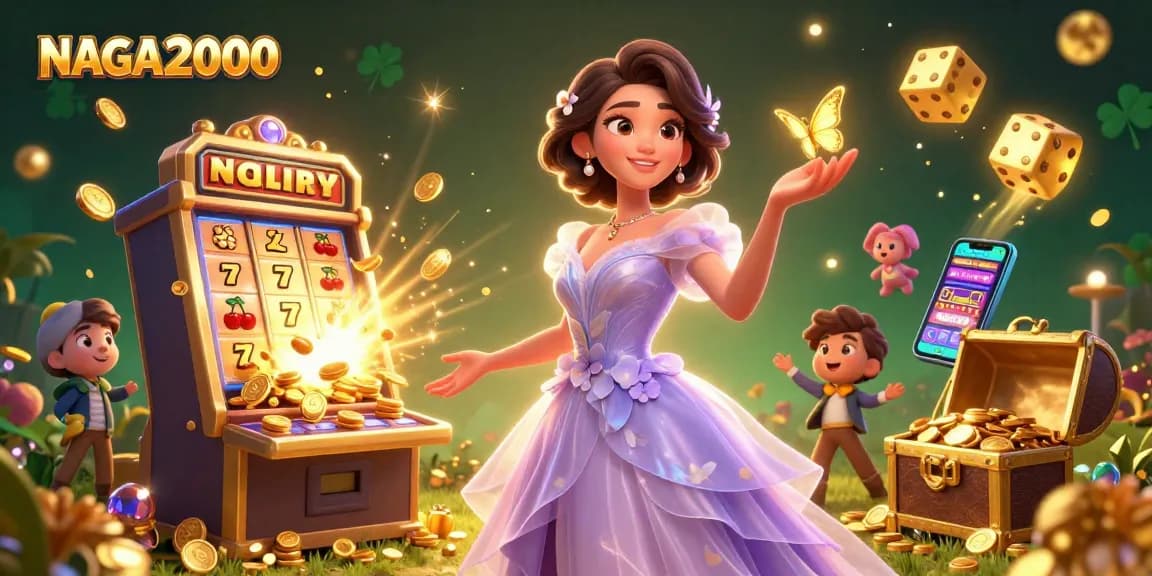 Scene slot NAGA2000 yang menggambarkan kegembiraan jackpot dengan karakter yang hidup dan elemen kasino yang dinamis.