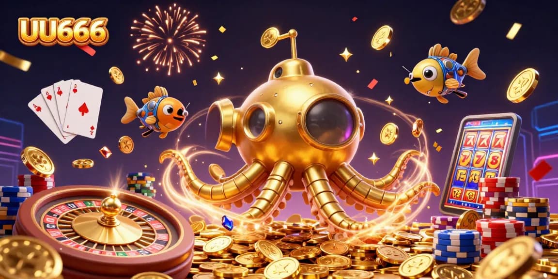 Experience thrilling gameplay with UU666 in a vibrant casino scene filled with golden treasures.