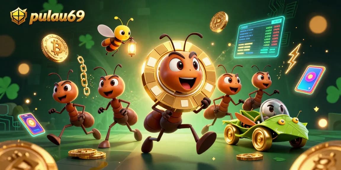 Join the pulau69 adventure with ants heisting a giant poker chip amidst glowing crypto elements.
