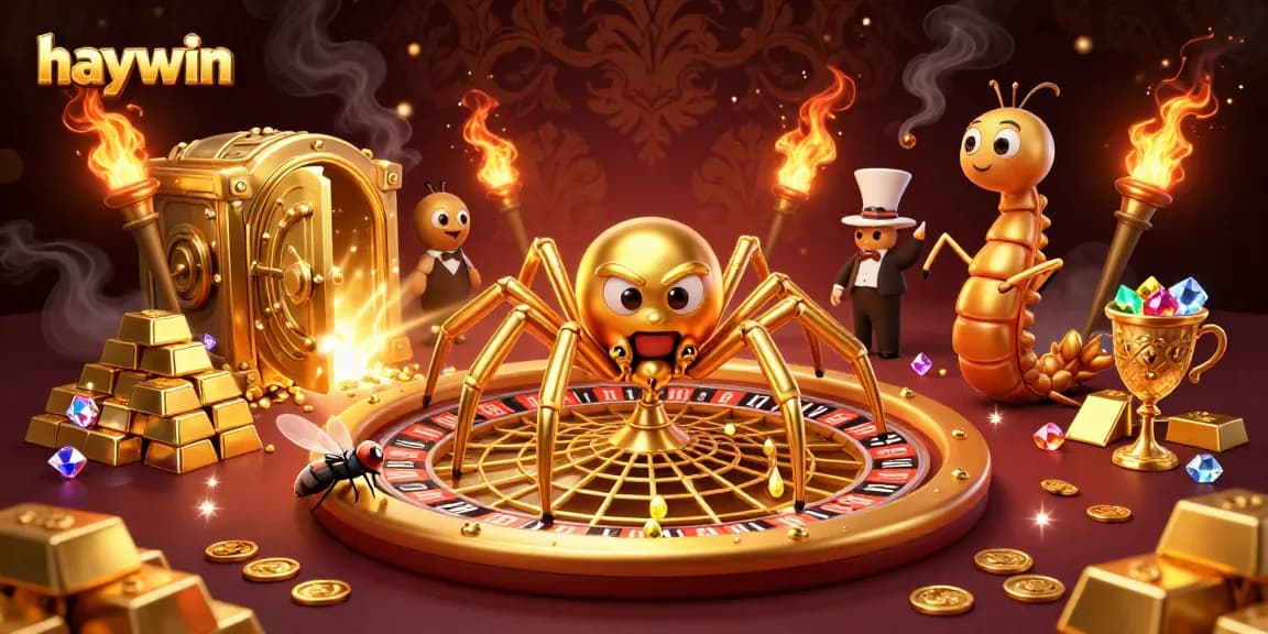 Experience thrilling gaming at haywin with a golden spider spinning luck on a roulette web.