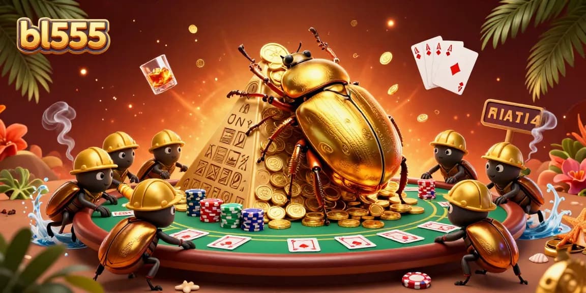 Experience the thrill of winning at bl555 with cartoon characters navigating a casino pyramid of riches.