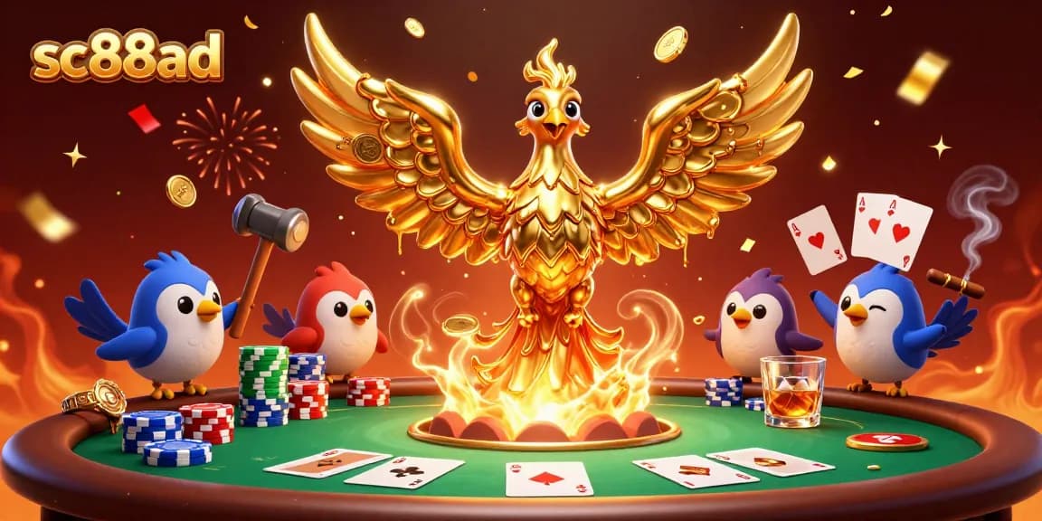 Experience exciting gaming moments at sc88ad with a dynamic casino scene featuring a golden phoenix and poker elements.