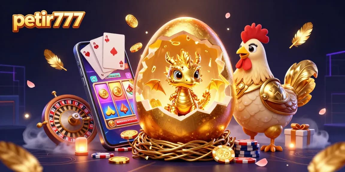 Win big with petir777 in this engaging 3D illustration, showcasing a golden dragon and vibrant casino elements.
