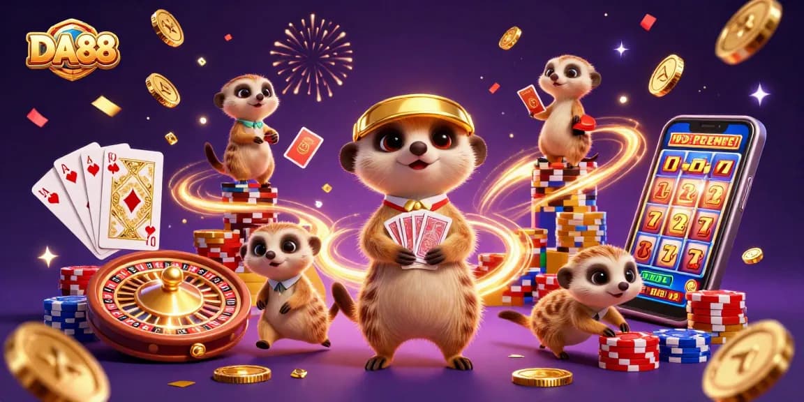 DA88 meerkats orchestrating a vibrant casino scene, with golden coins and sparkling gems filling the air.