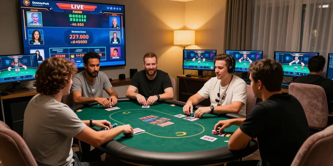 Dewapoker Live Jackpot celebration at a virtual poker game, diverse players engaged and excited in a modern gaming setup.