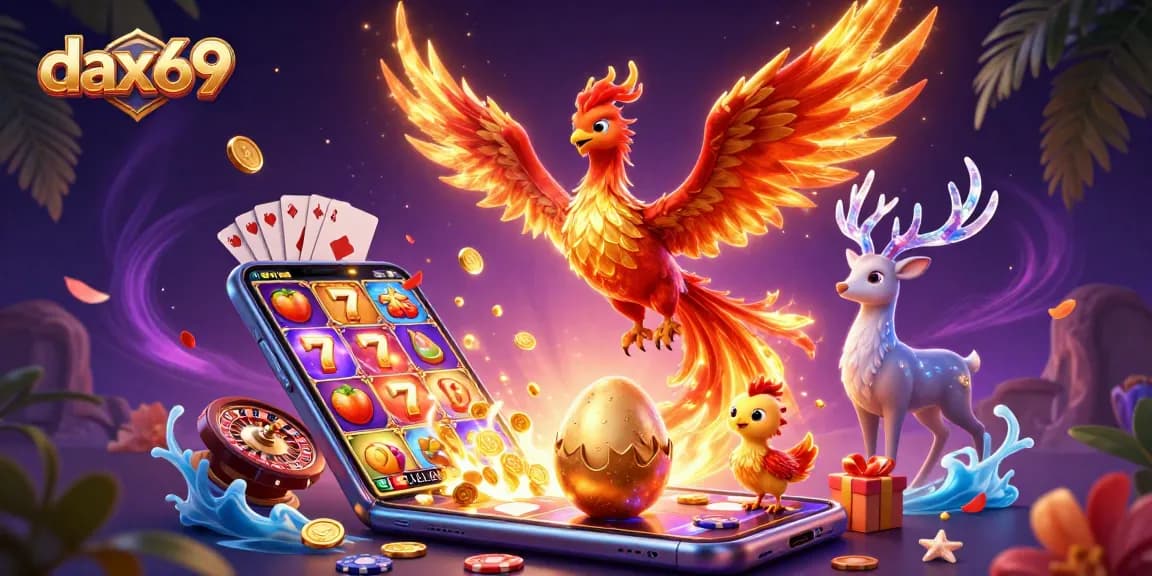 Dax69 menyajikan permainan slot mengasyikkan dengan simbol keberuntungan bertaburan dan karakter dalam ilustrasi kasino 3D.