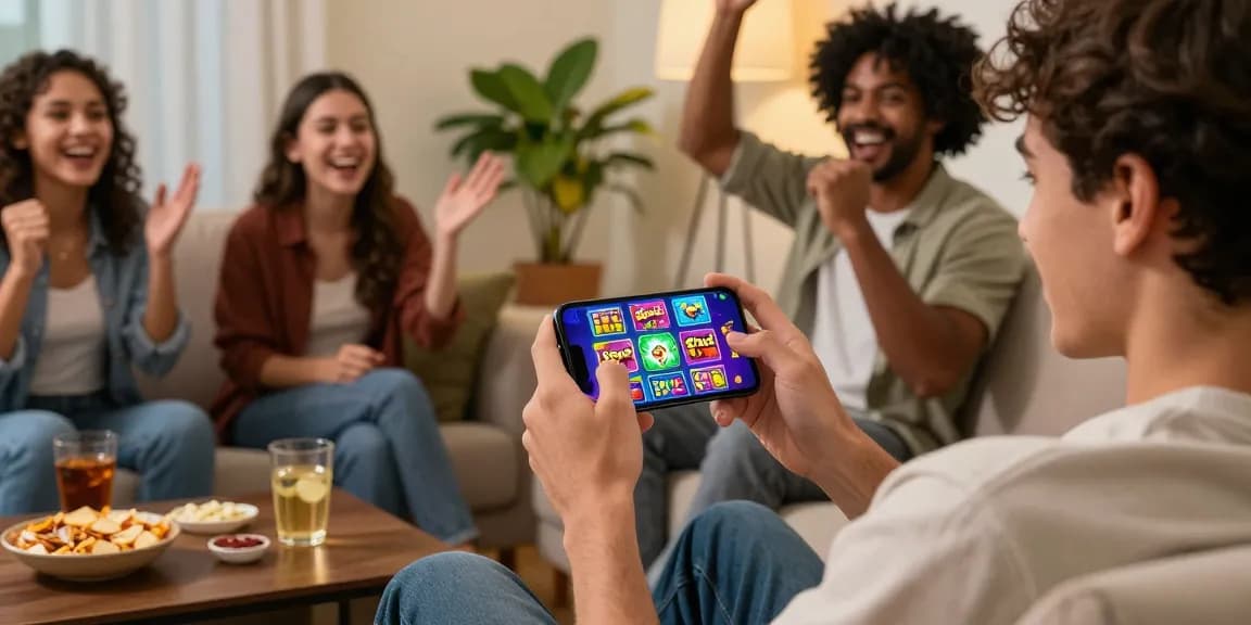 Join game excitement on 3Patti Loot app with friends in a cozy indoor setting.