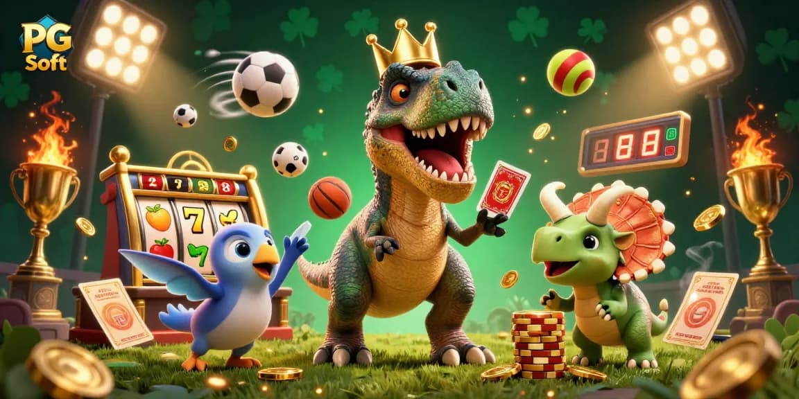 PG Soft menawarkan pengalaman permainan slot yang menarik dengan elemen dino, chip emas, dan energik.