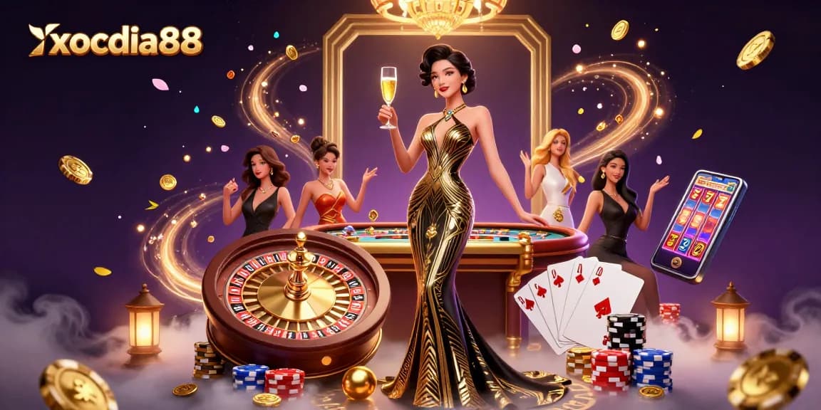 Xocdia88 showcases thrilling gameplay with a glamorous scene of an elegant woman celebrating a big win.