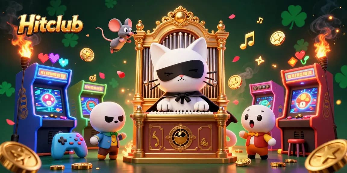 Hitclub's thrilling gaming scene showcases a masked cat and acrobat amidst glowing arcade machines.