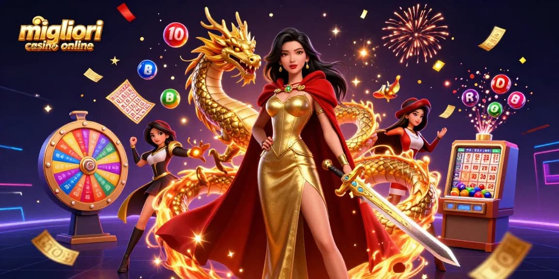 Scena coinvolgente che evidenzia i migliori casino online con vivaci elementi di lotteria e una regina guerriera.