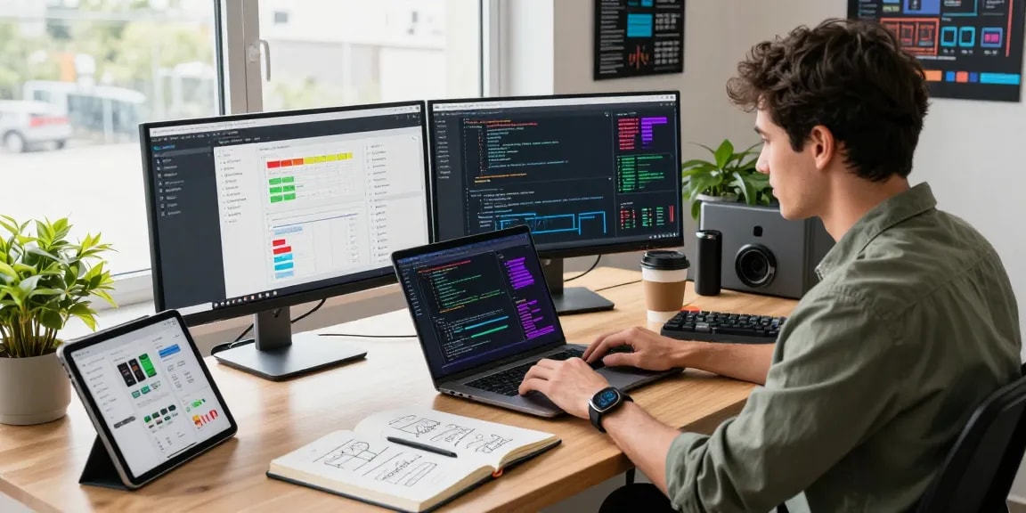 Developer coding intensely on dual monitors in a vibrant tech workspace showing slot production metrics.