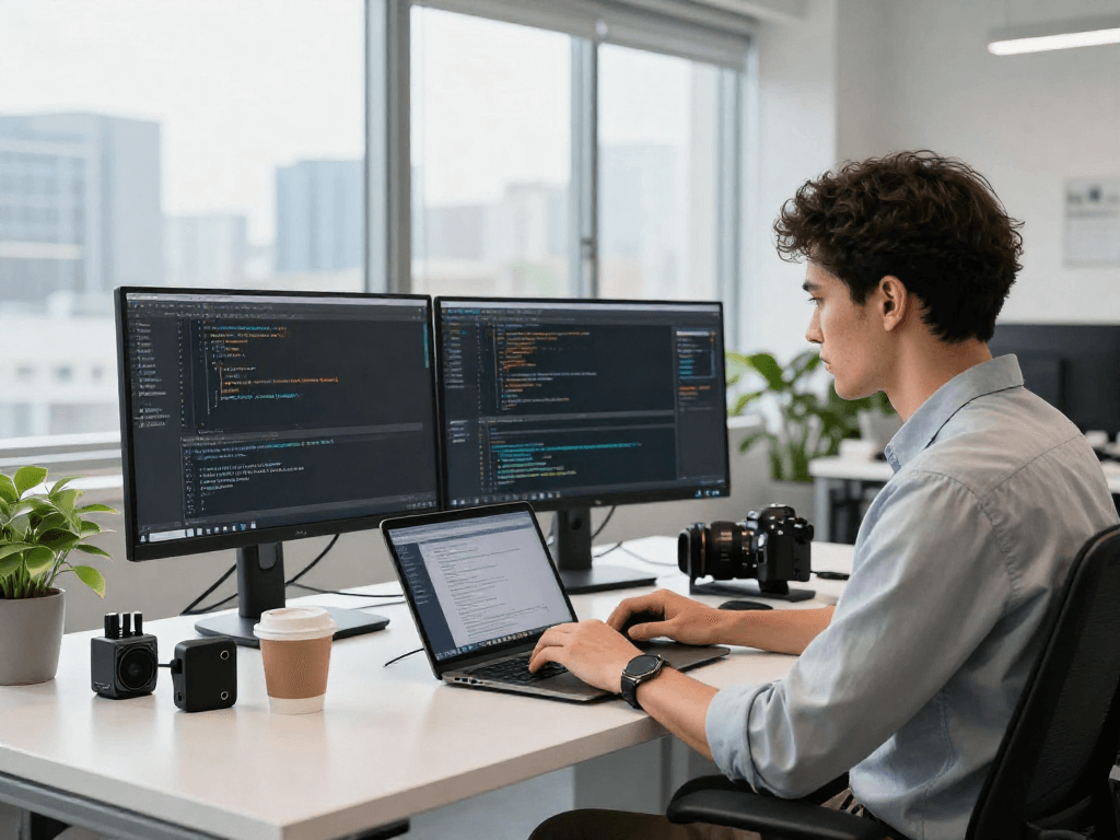 Ruang kerja teknologi dengan programmer yang fokus pada wifi4d dan kinerja perangkat lunak.