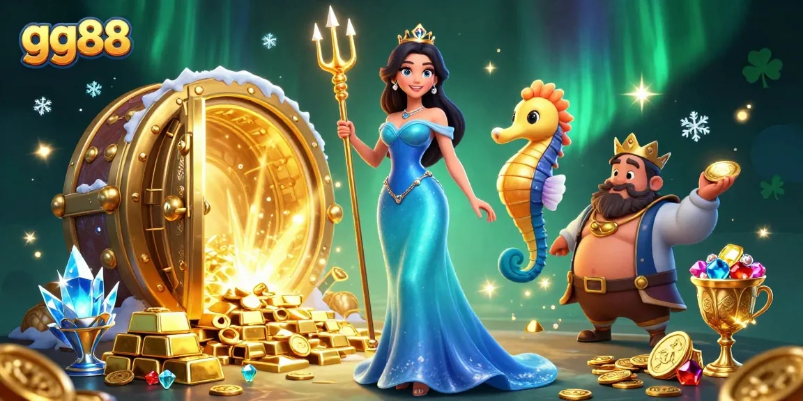 Experience the thrill of winning with gg88 at this vibrant casino illustration featuring stunning characters and treasures.