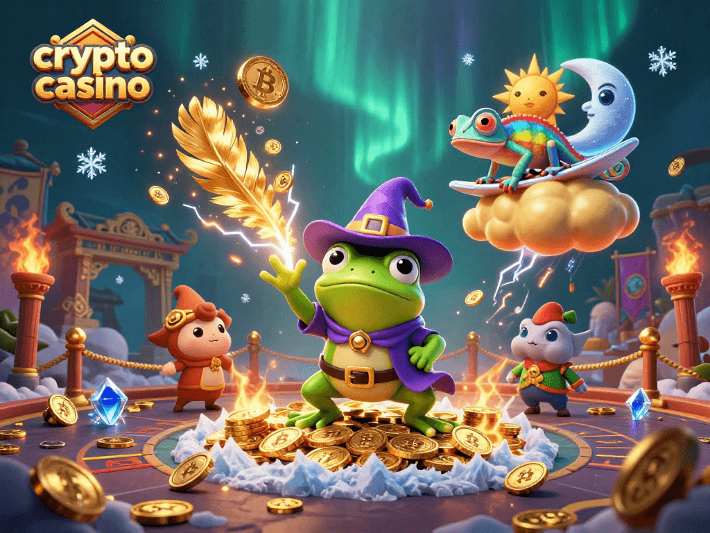 Engage in thrilling action at a crypto casino with golden coins swirling around magical characters.