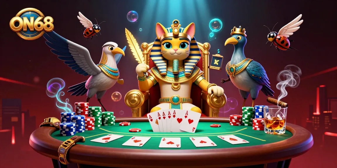 Experience the excitement of gaming with ON68's dazzling casino scene featuring a pharaoh cat and poker elements.