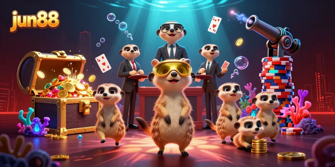 Join the excitement at jun88 with meerkats running a vibrant casino in a colorful underwater scene.