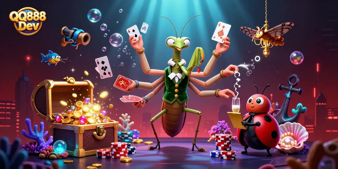 Engage in thrilling gameplay at QQ888 Dev with a vibrant 3D casino illustration showcasing cartoon characters.