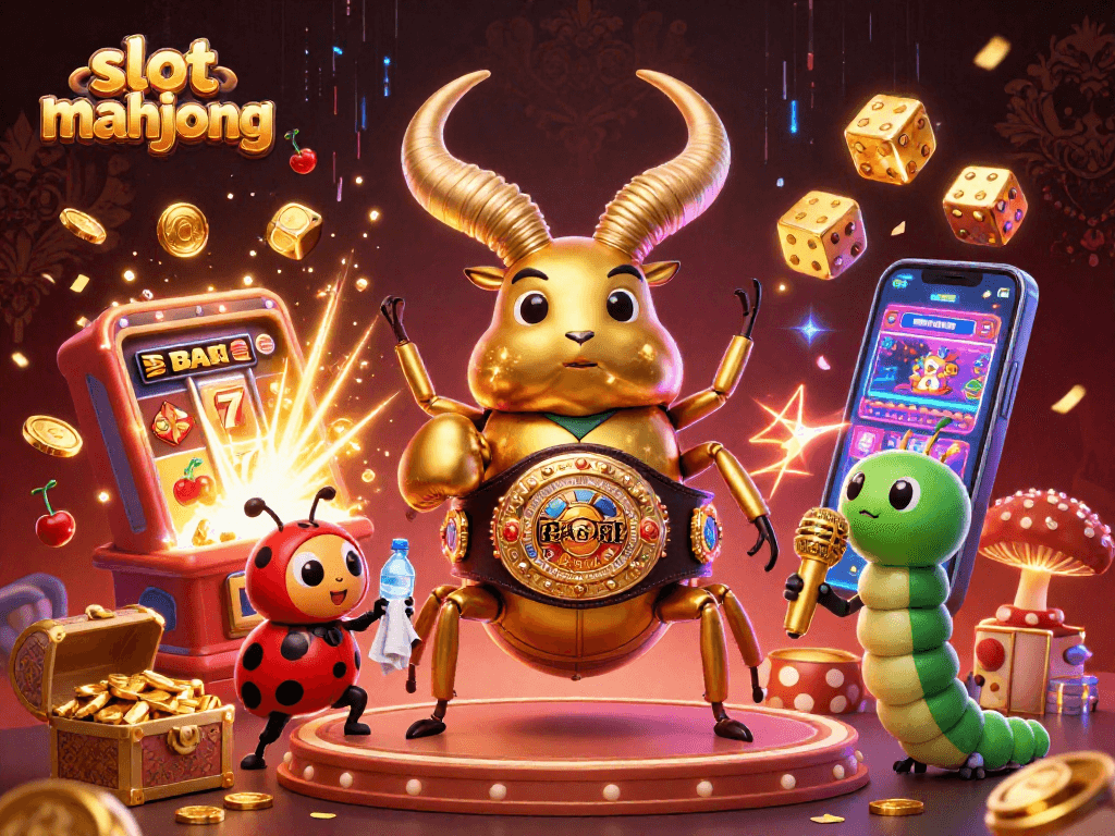 Engage with slot mahjong in a vibrant 3D illustration featuring animated characters and jackpot excitement.