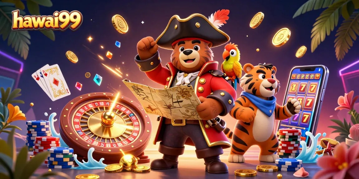 Experience the thrill of hawai99 with a pirate theme, showcasing vibrant casino scenes and rich details.