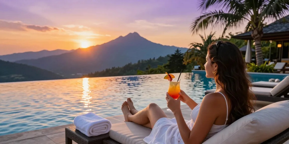 Pengalaman LUXURY111 di resor mewah, relaksasi di tepi kolam renang dengan pemandangan pegunungan.