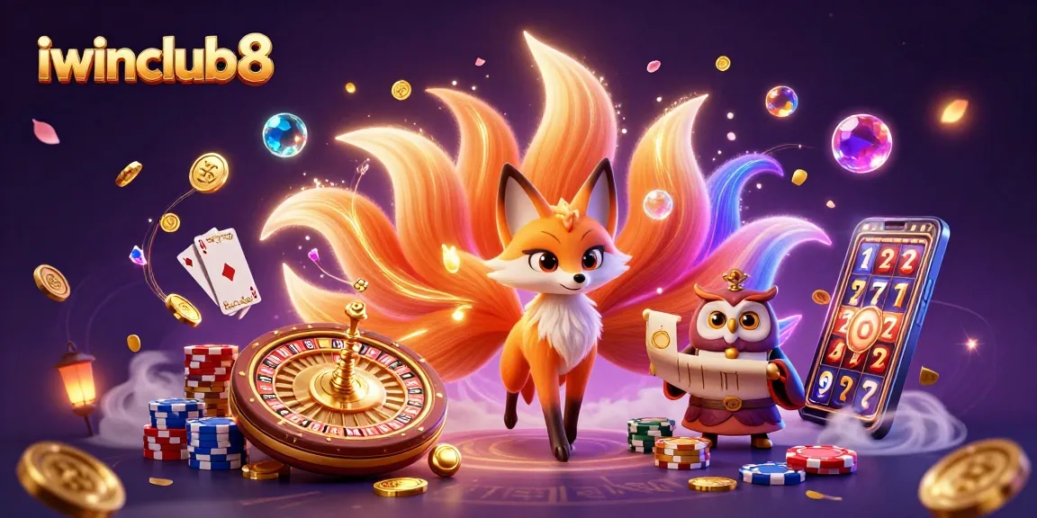 Experience the vibrant, magical world of iwinclub8 with a colorful nine-tailed fox and casino elements.