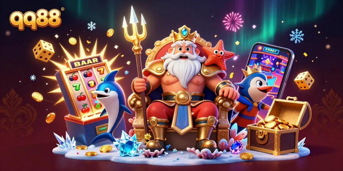 Experience thrilling wins at qq88 with an exciting underwater casino scene featuring Neptune and treasures.