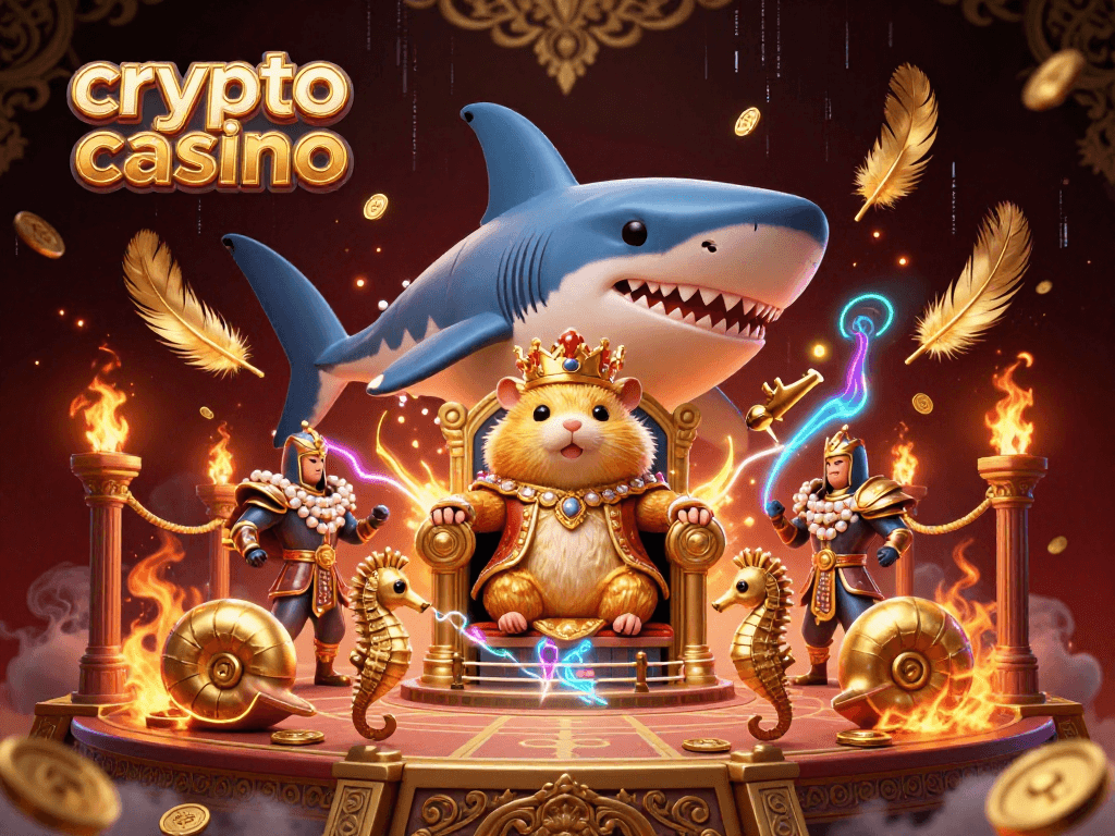 Engage in thrilling adventures at the crypto casino with a fierce golden hamster king surrounded by royal guards.