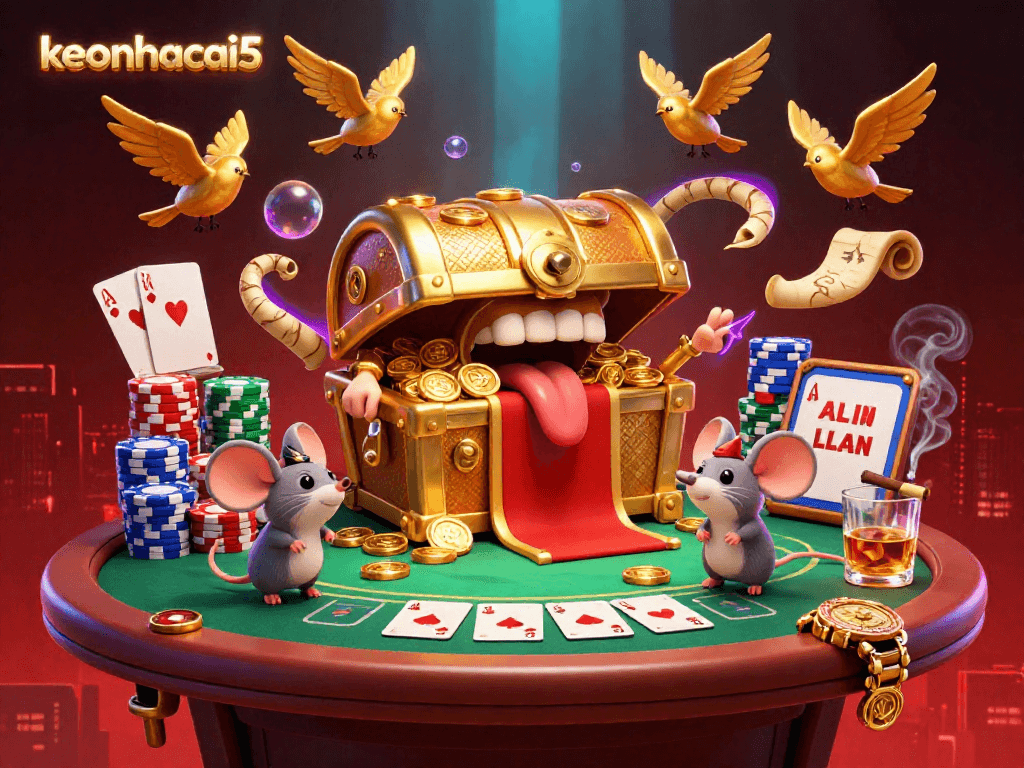 Engage with the vibrant world of keonhacai5 as adventurer mice are lured by treasures at a poker scene.