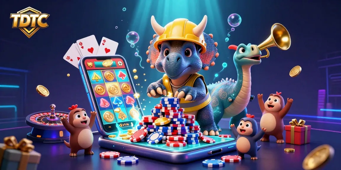 TDTC highlights a lively casino scene with a triceratops and celebrating elements, showcasing thrilling gaming action.