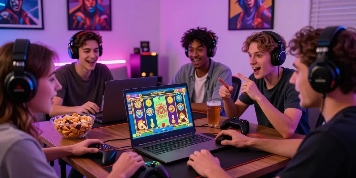 Engaging scene of friends enjoying สล็อตฝากถอนผ่านวอเลท online gaming experience with colorful graphics.