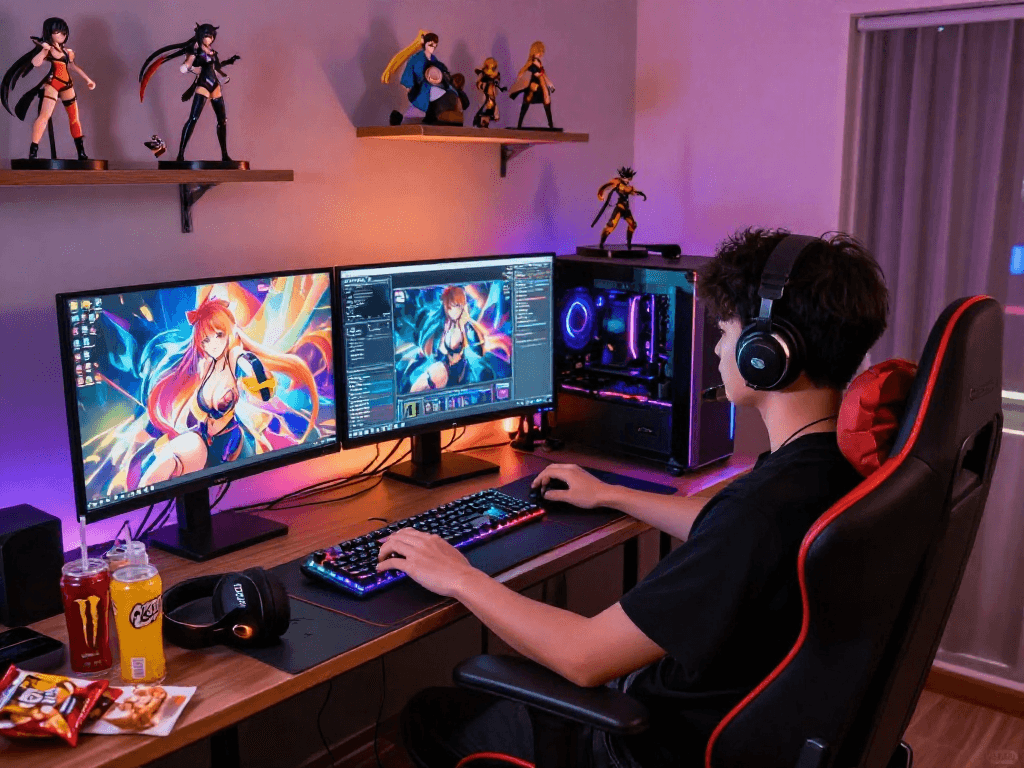 Engaged gamer enjoying a hentai game in a vibrant gaming setup, showcasing colorful anime graphics and ambiance.
