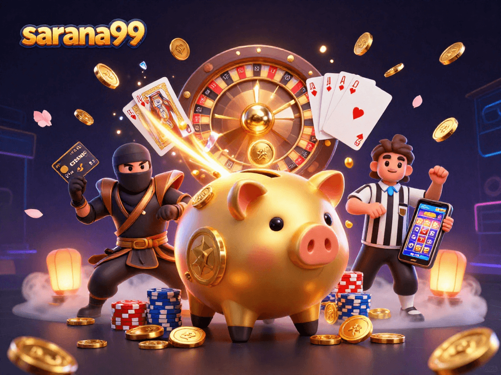 Sarana99 showcases a delightful frenzy of action, featuring a golden piggy bank sumo wrestler amidst cascading coins and vibrant casino elements.