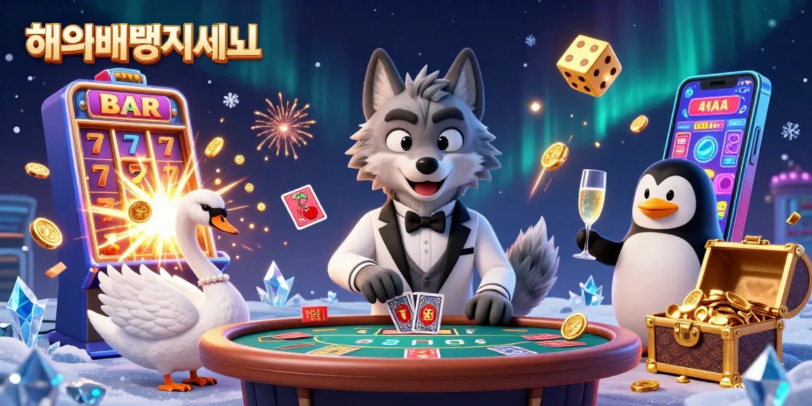 Experience excitement at 해외배팅사이트 with a charming wolf, swan, and penguin celebrating casino wins.