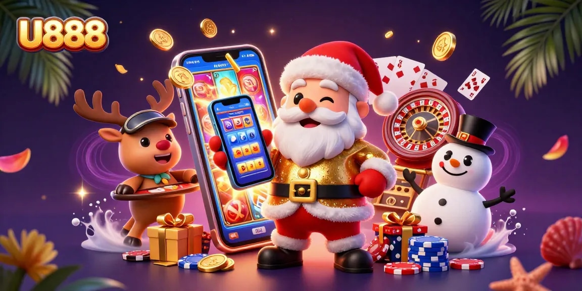 Experience jackpots with U888 in this vibrant casino scene featuring Santa and friends!