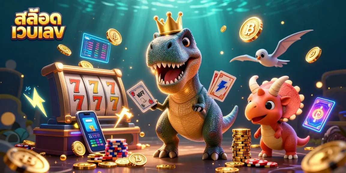 Engage in thrilling gameplay with สล็อตเว็บตรง as a T-Rex card shuffles in a vibrant casino scene.