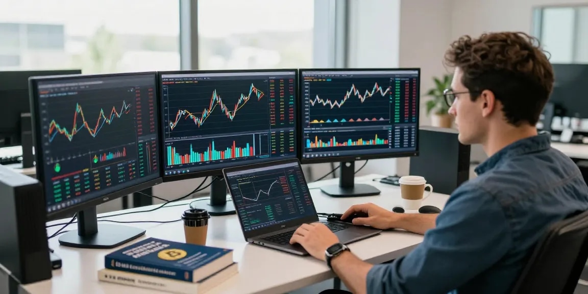 Профессиональный трейдер анализирует отзывы о BitMEX на экранах компьютера с графиками