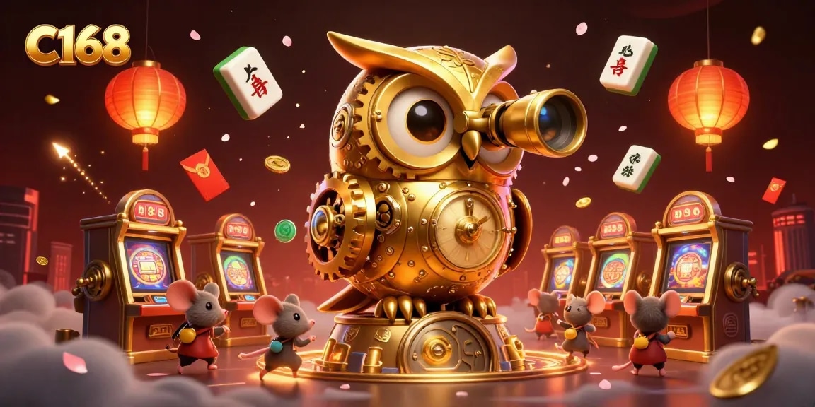 C168 offers thrilling moments with a clockwork owl and vibrant casino games in an enchanting scene.