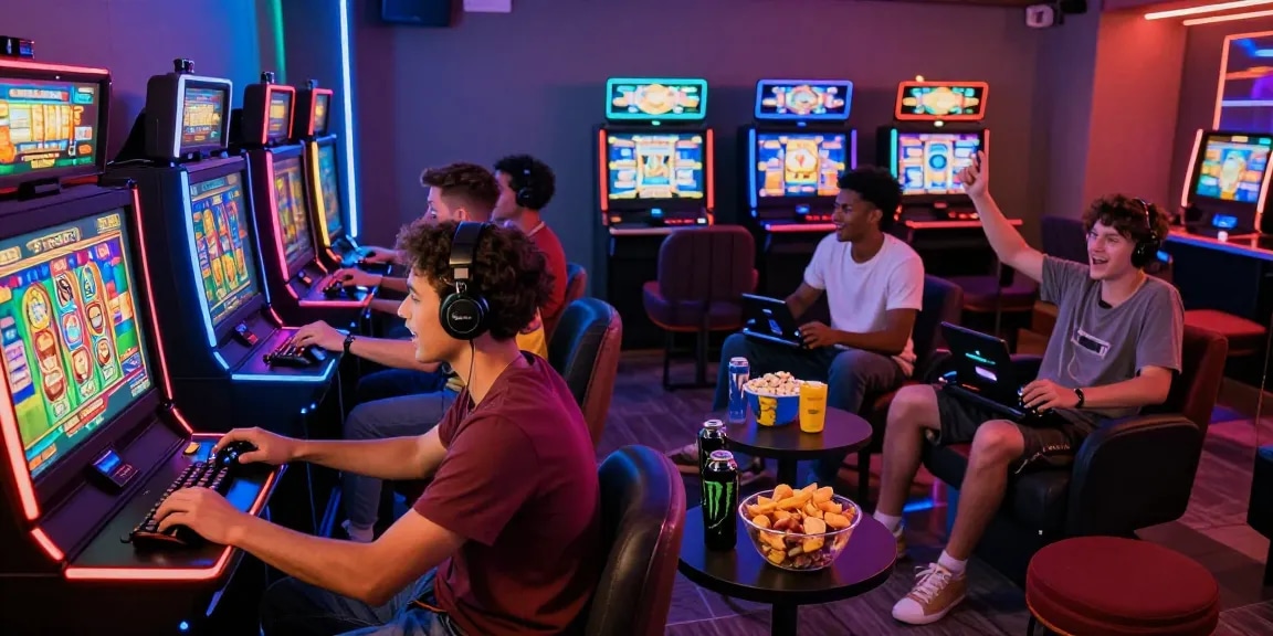 Exciting gaming scene with friends enjoying สล็อตฝากถอนผ่านวอเลท at a lively lounge, showcasing vibrant visuals and engaging gameplay.