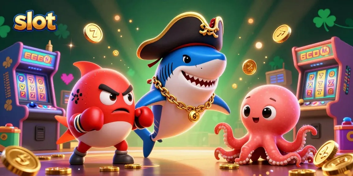 Spin the slot reels with vibrant characters as a pirate shark, pufferfish, and octopus win coins.