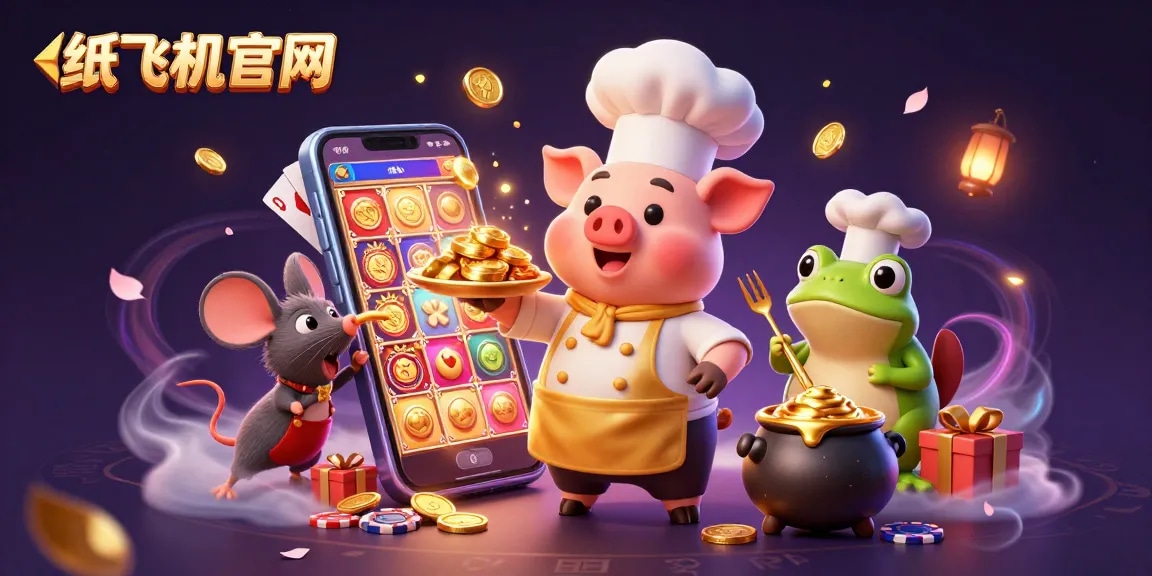 Engage in thrilling gameplay at 纸飞机官网 with a chef pig serving gold coins amidst dynamic casino elements.