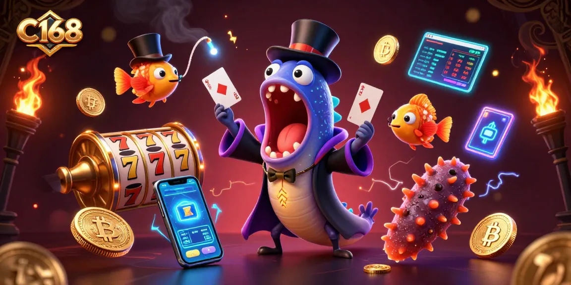 Experience thrilling gameplay at C168 with vibrant casino characters and exciting winning elements!