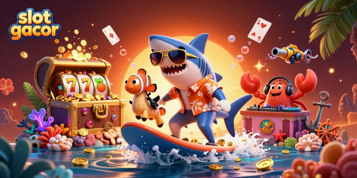 Menangkan slot gacor dengan ilustrasi 3D hiu kartun yang berselancar di lautan koin emas